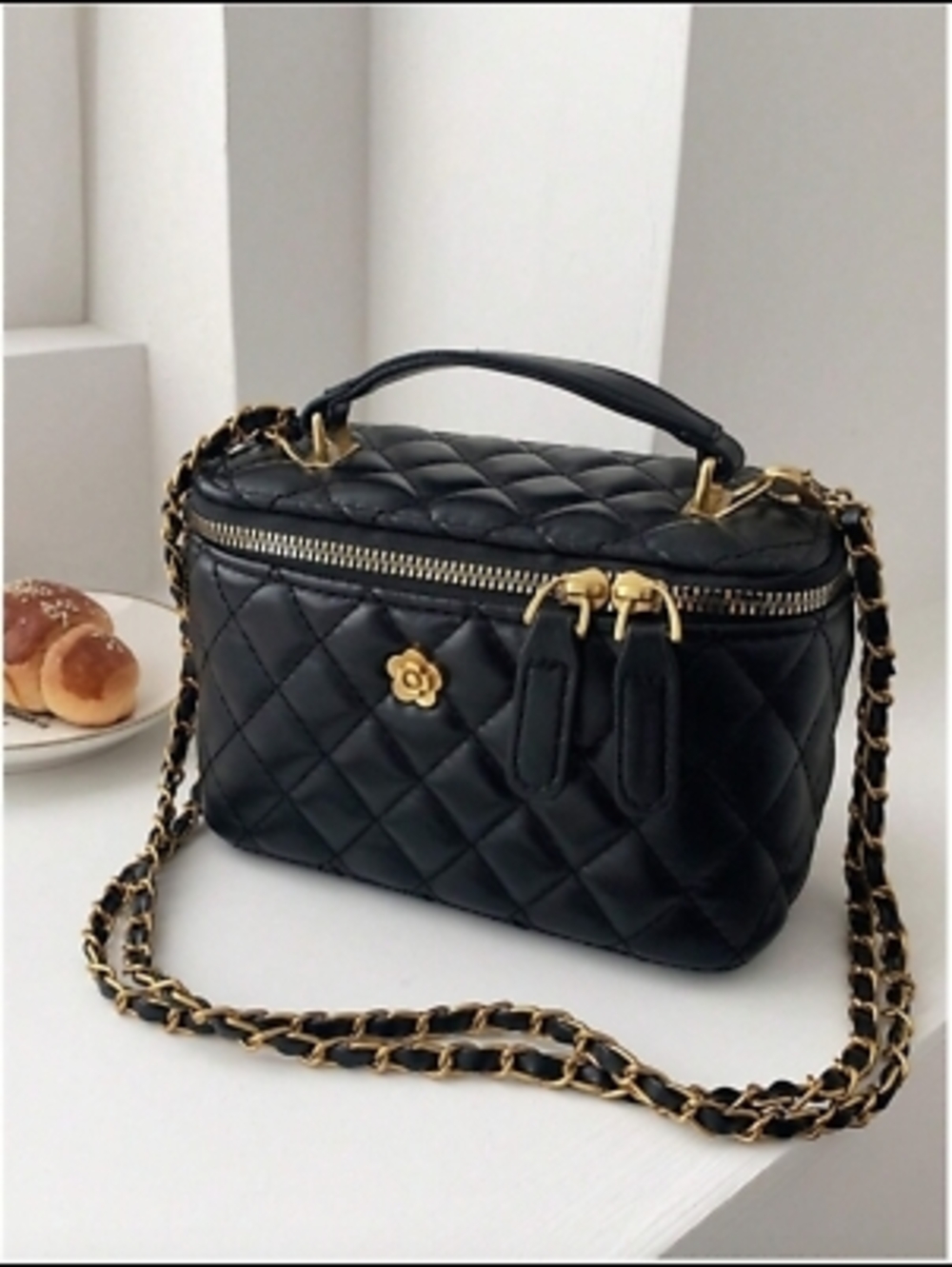 Black Quilted Crossbody Vanity Bag with Gold Chain Strap